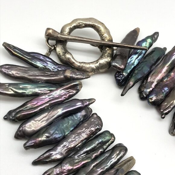 Vintage 925 Sterling Silver Chunky Abalone Unique Abstract Toggle Necklace - Picture 5 of 11